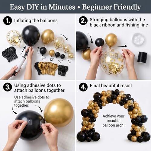 Black and Gold Balloon Garland Arch Kit - 113pcs Set