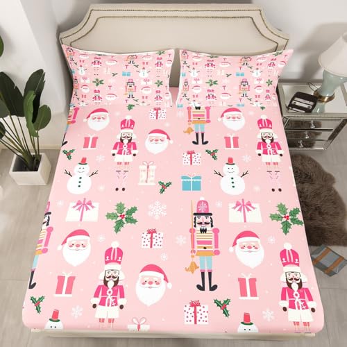 Pink Christmas Nutcracker Bed Sheets Set Queen Size No Flat Sheet Christmas 07