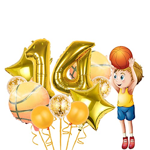 Basketball 14th Birthday Party Balloon Set with Foil Star and Confetti