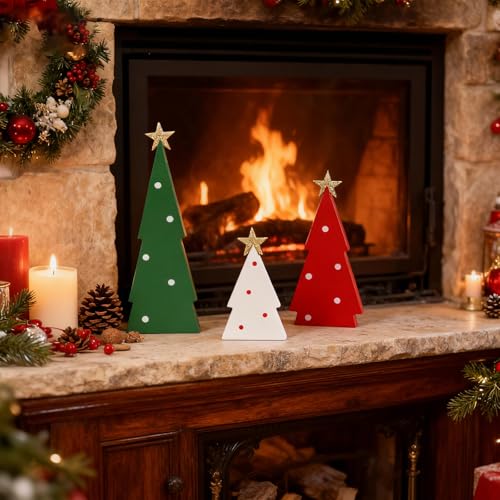 FINDRICH Green Indoor Christmas Tree Decorations Set - 3PCS Wooden Tabletop Holiday Centerpieces with Glitter Stars
