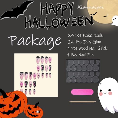 Halloween Press on Nails Medium Almond Fake Nails Matte Pumpkin Star Moon