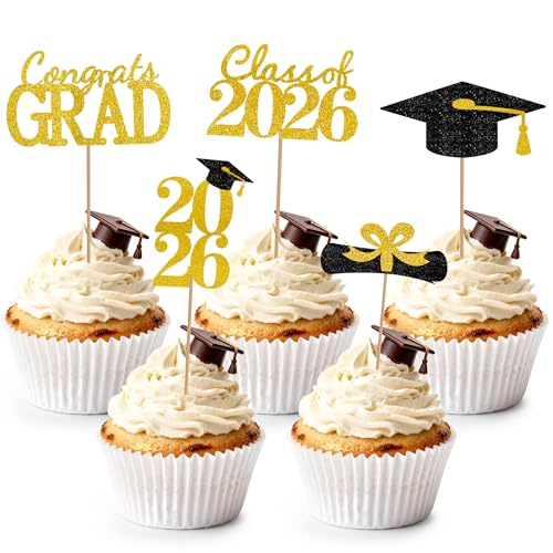 2026 Graduation Cupcake Toppers - 25 Black & Gold Picks