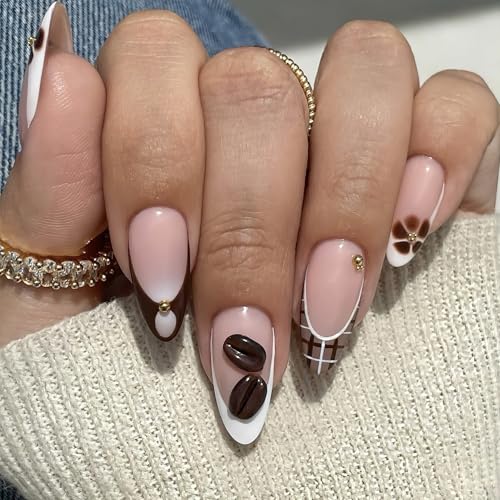 Jremg Brown French Tip Press on Nails Medium Almond 3D Coffee Beans