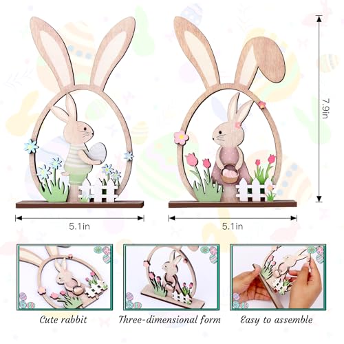 Easter Bunny Desk Ornaments - 2Pc Wooden Floral Decor Set
