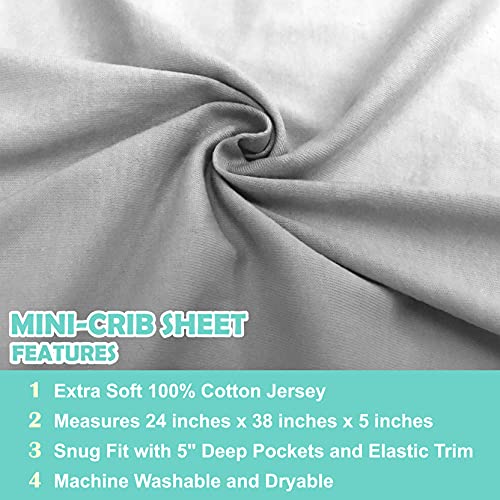 Fitted Mini Crib Sheets 2-Pack, 100% Cotton Jersey, Gray - 38x24"
