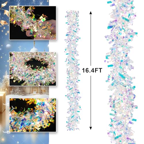 Lighted Christmas Tinsel Garland 2 Pack - Iridescent Metallic Foil Streamers with Lights