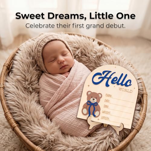 Wooden Hello World Baby Announcement Sign with Bear - Newborn Photo Prop