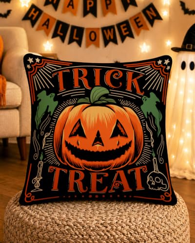 Halloween Throw Pillow Covers, 18x18 Rustic Linen Ghost Decor - Set of 2