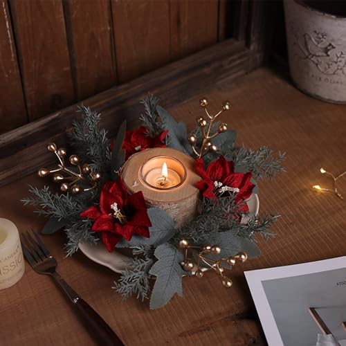 Christmas Candle Rings Xmas Wreaths Pine Needles Berry Red Flower Centerpiece - Winter Decor