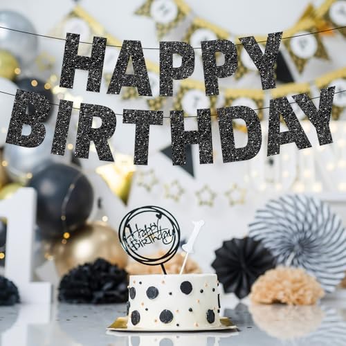 Black Glitter Happy Birthday Banner - Pre-Strung Party Decoration