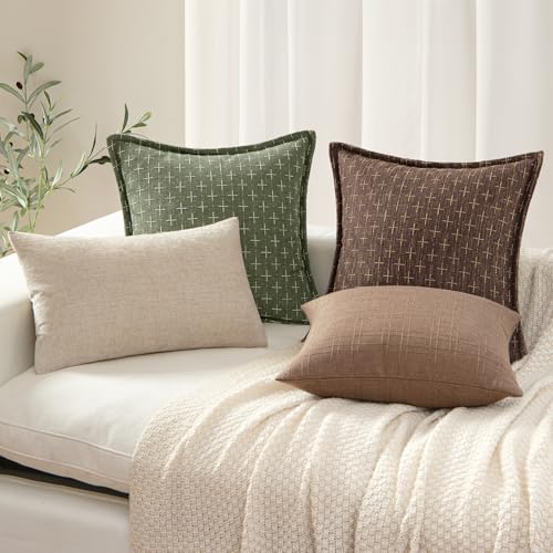 MIULEE Olive Green Burlap Linen Throw Pillow Covers 18x18" - Set of 2