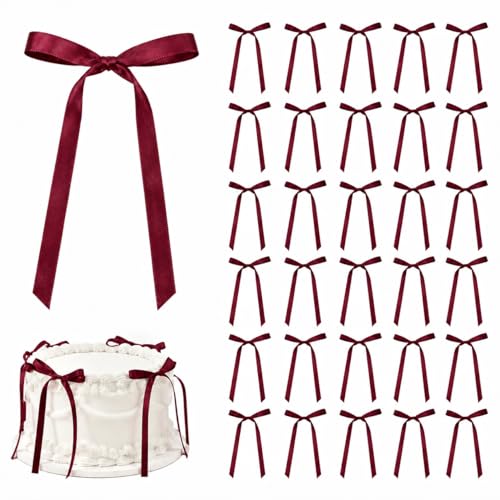 30 Pack Burgundy Satin Bow Cake Toppers - Pre-Tied for Easy Decoration