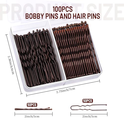 Teenitor 100Pcs Brown Bobby Pins and U-Shaped Hair Pins Set