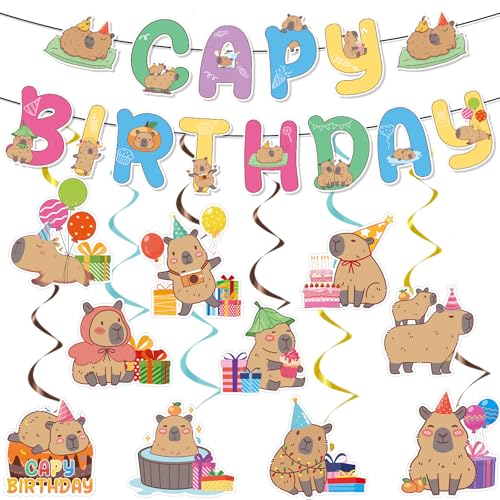 Capybara Birthday Party Decorations - 12PCS Hanging Banners & Swirls