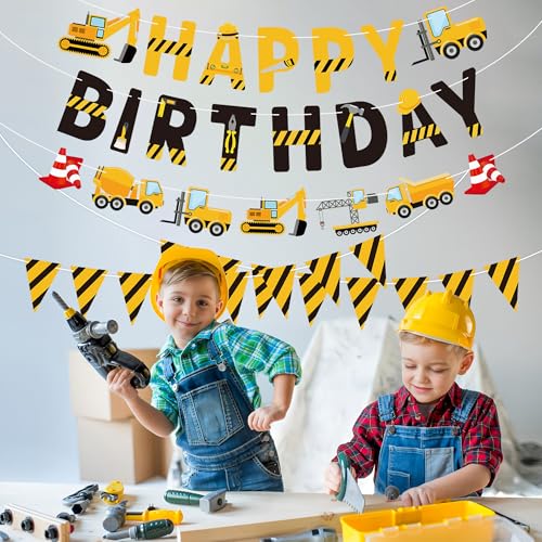 Construction Birthday Banner Set - 5pc Truck & Pennant Flags