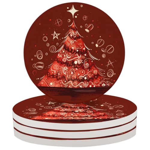 Christmas Tree Ceramic Coasters Set of 4 - Absorbent Stone Drink Mats with Cork Backing