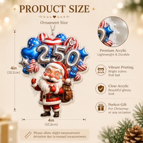 Patriotic Santa Ornament, USA 250th Anniversary Car Hanging Decoration