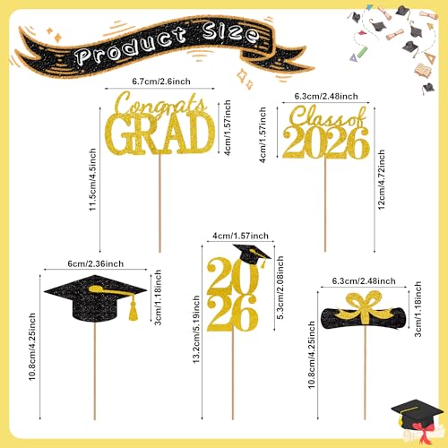 2026 Graduation Cupcake Toppers - 25 Black & Gold Picks