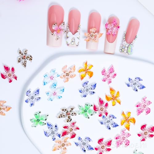 50Pcs Colorful Flower Nail Charms 3D Resin Floral Rhinestones for Manicures