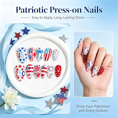 4th of July Press on Nails Medium Almond USA Flag Fake Nails