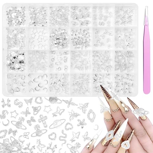240Pcs 3D Silver Nail Charms Mixed Alloy Bows Star Butterfly Y2K DIY