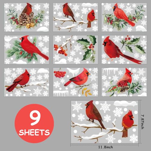 Winter Cardinal Window Clings 150 pcs Holiday Christmas Red Bird Glass Stickers with Branches & Snowflakes - Red