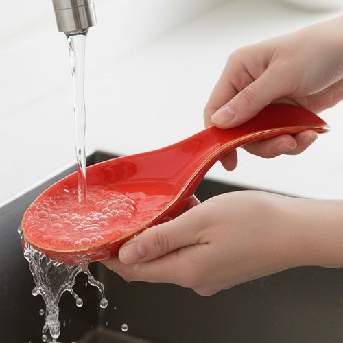 Maxramic Ceramic Spoon Rest for Stove Top, Golden Rim Spoon Holder Utensil Rest, Cute Spoon Rests for Coffee Bar (Red)