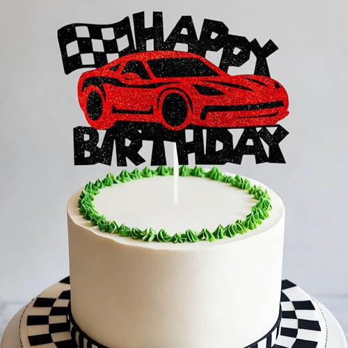 Race Car Birthday Cake Topper - Red Glitter Racing Theme Decor