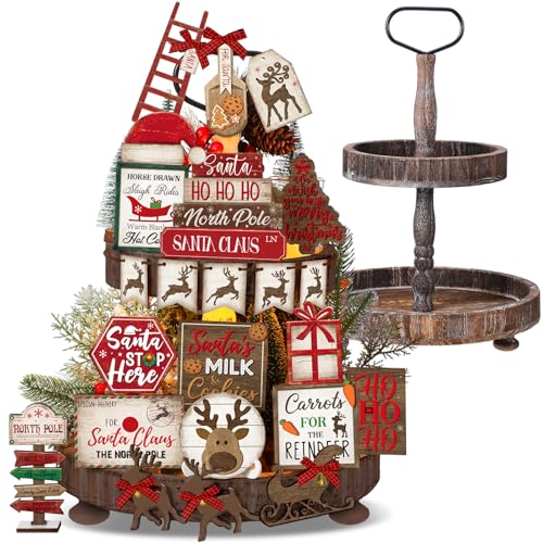 Christmas Tiered Tray Decorations Set with Stand - Red & Winter Theme