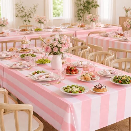 3 Packs Pink Stripe Plastic Tablecloths 54x108 Inch - Vertical