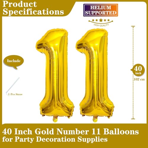 Double Number 11 Balloons - 40 Inch Gold Foil Mylar for Birthdays & Anniversaries