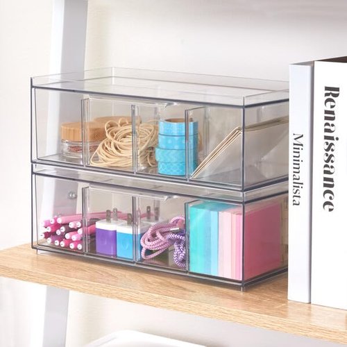 iDesign XL Storage Drawer Organizer for Counter or Cabinet, 4-Section, Clear, 4-Pack