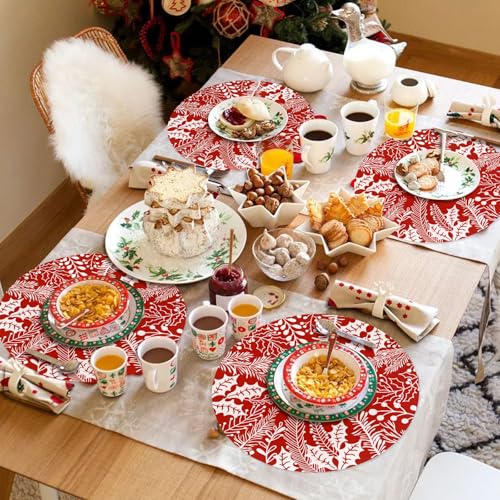Christmas Red Placemats 50 Pack - Pine Leaves & Holly Holiday Tableware
