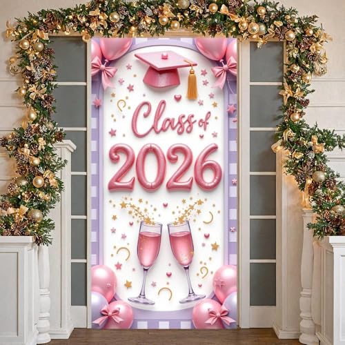 Class of 2026 Graduation Door Cover Banner - Pink Grad Cap & Champagne