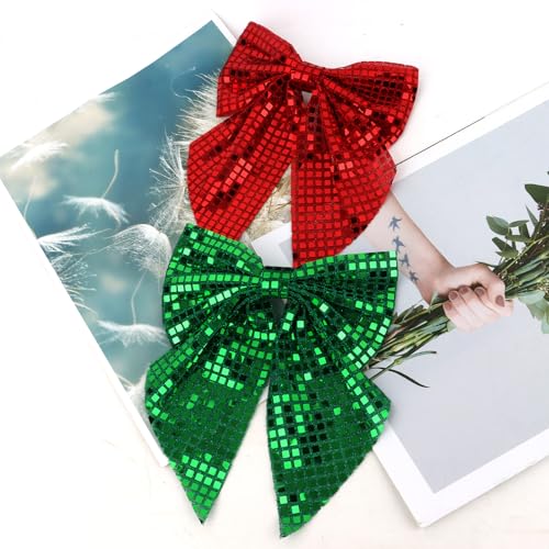 Christmas Glitter Disco Hair Bow Green 7 Inch Large Holiday Hair Bow