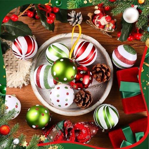 Christmas Ball Ornaments Set - Red White Green Cute & Shatterproof, 24 Pcs with Clusters & Ribbons