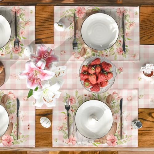 Artoid Mode Pink Buffalo Plaid Bunny Rabbit Placemats Set of 4