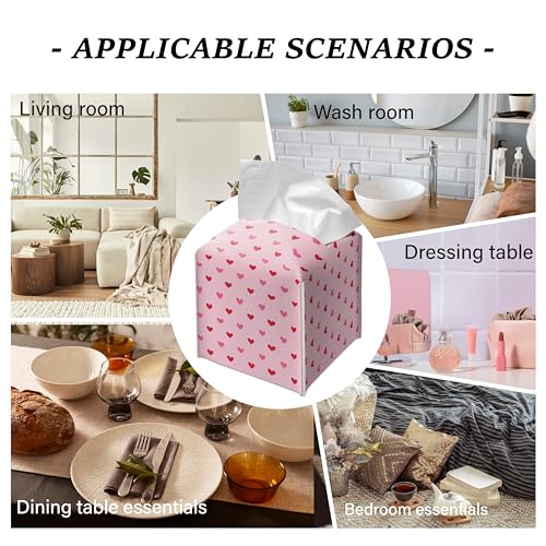 Love Heart Tissue Box Cover - Pink & Red Mini Square Decorative Holder for Bathroom & Bedroom - Free Secure Bottom Closure
