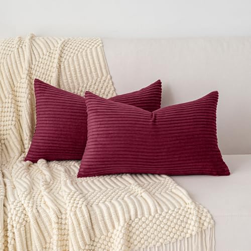 Yosodeko 12x24 Inch Striped Corduroy Lumbar Pillow Cover, Burgundy