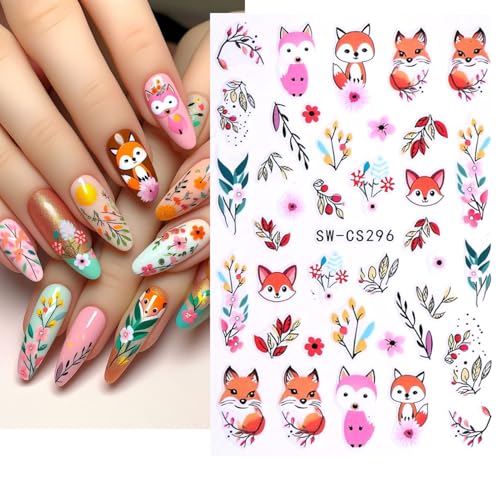 Cartoon Fox & Autumn Leaf 3D Nail Art Stickers Fall Decals
