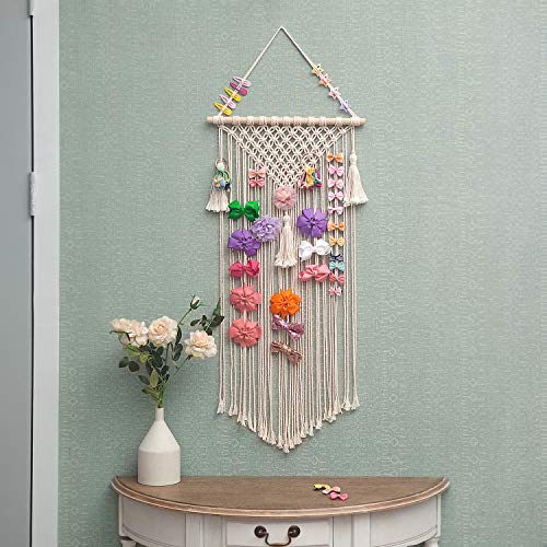 Mkono Macrame Hair Bow Holder - Ivory Wall Organizer for Clips & Headbands