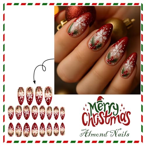 Christmas Press on Nails Medium Almond Red French Snowflake Fake Nails