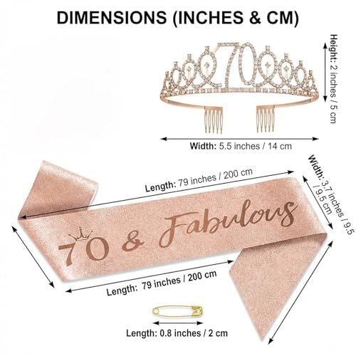 Halfte 70th Birthday Crown & Sash Pin Set for Women - 70th Celebration Decorations