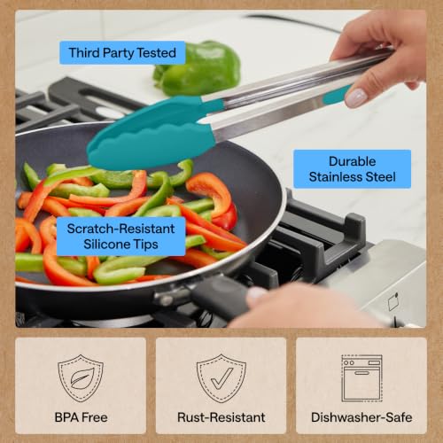 Gorilla Grip 2-Pack Stainless Steel Kitchen Tongs with Silicone Tips - Turquoise, 7 & 9 Inches