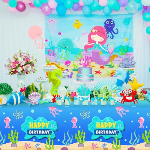3 Pcs Blue Ocean Birthday Tablecloths - 108x54" Under The Sea Party Decor