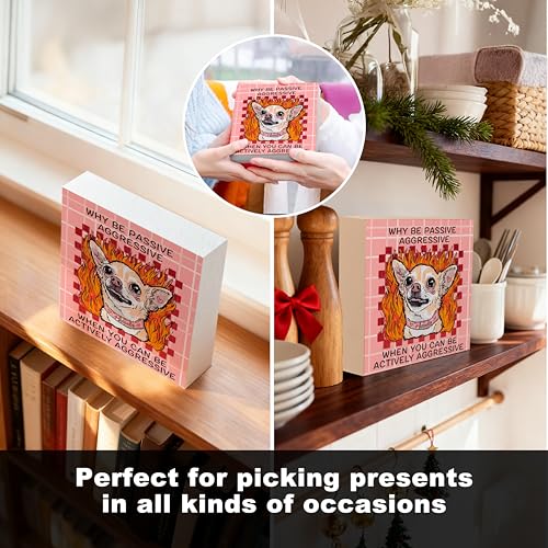 Funny Chihuahua Dog Wooden Sign | 5x5 Inch Pink Plaid Decor