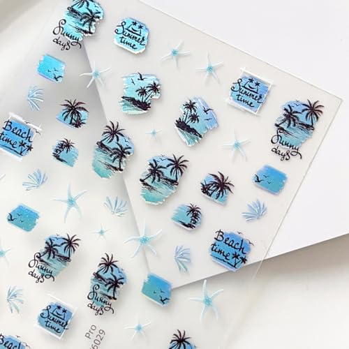 5D Embossed Summer Beach Nail Art Stickers - Palm Tree & Seashell Decals