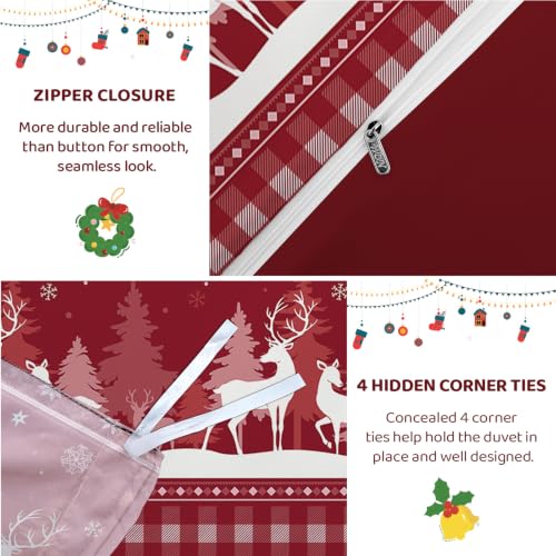 Luxudecor Christmas Bedding Set King Size Reindeer Red Duvet Cover & Pillow Shams