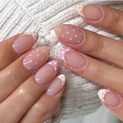 Pink French Polka Dot Press on Nails Medium Almond Fake Nails 24Pcs