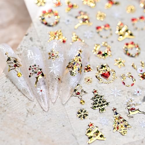 5D Embossed Christmas Nail Stickers Gold Decals Self-Adhesive Winter Xmas